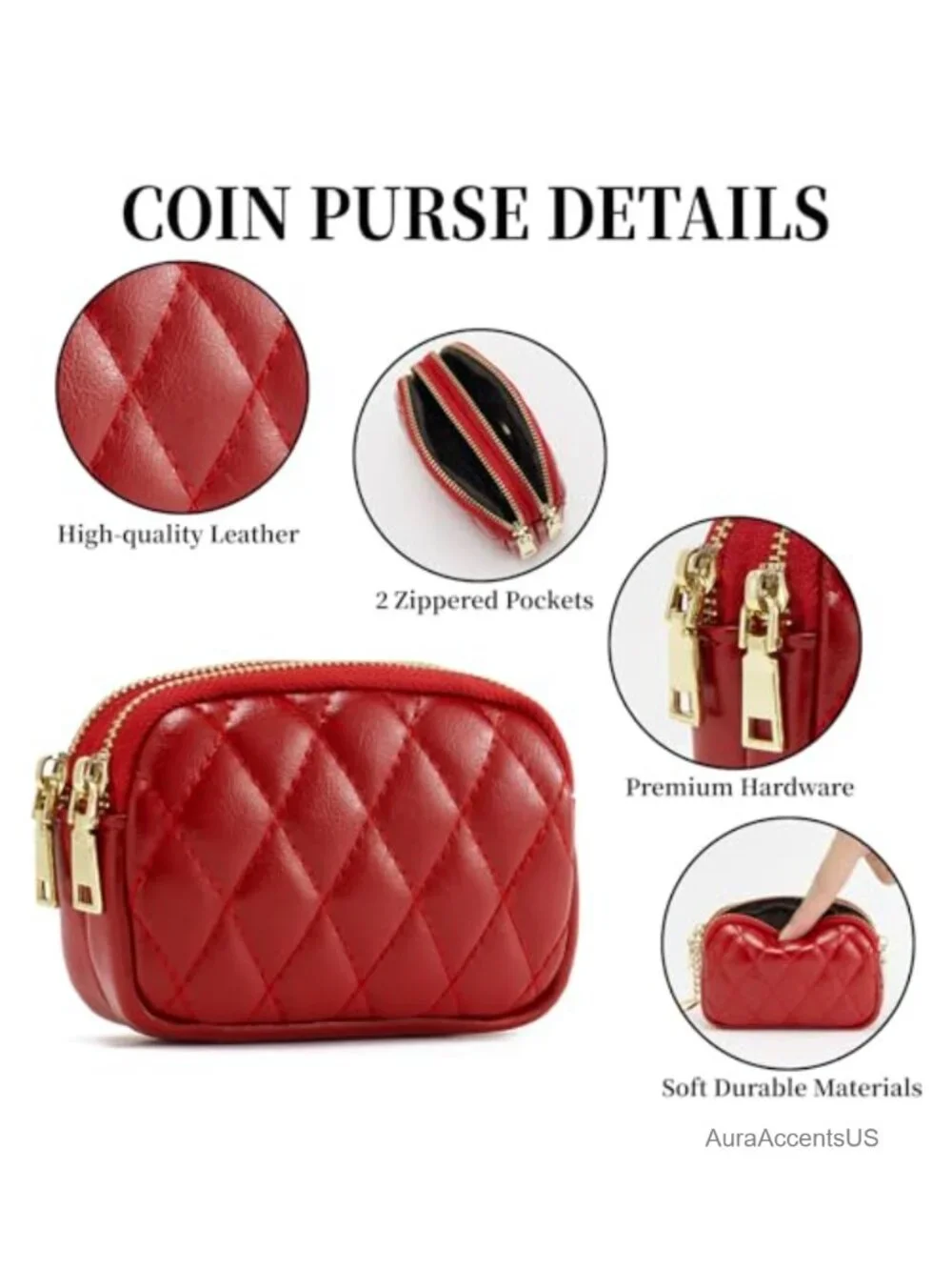 Leather Coin Purse with Key Ring, 2-Zipper Change Wallet, Small Coin Holder